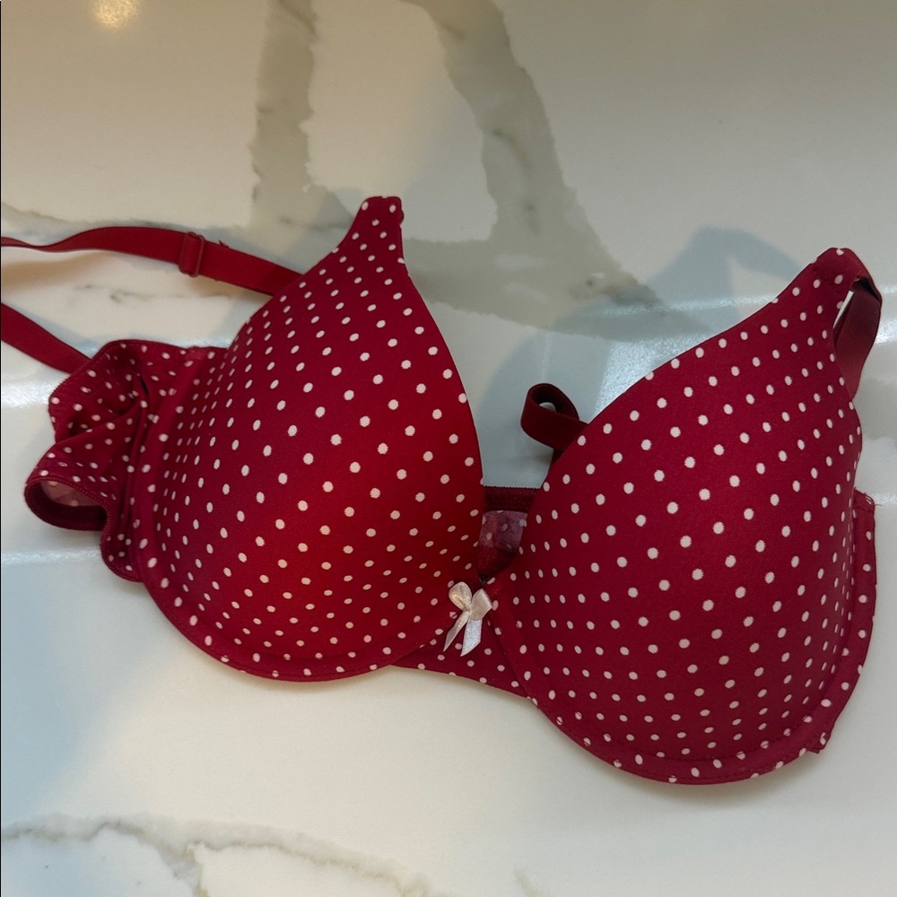 Polka Dot Red Push-Up Bra with Bow Accent